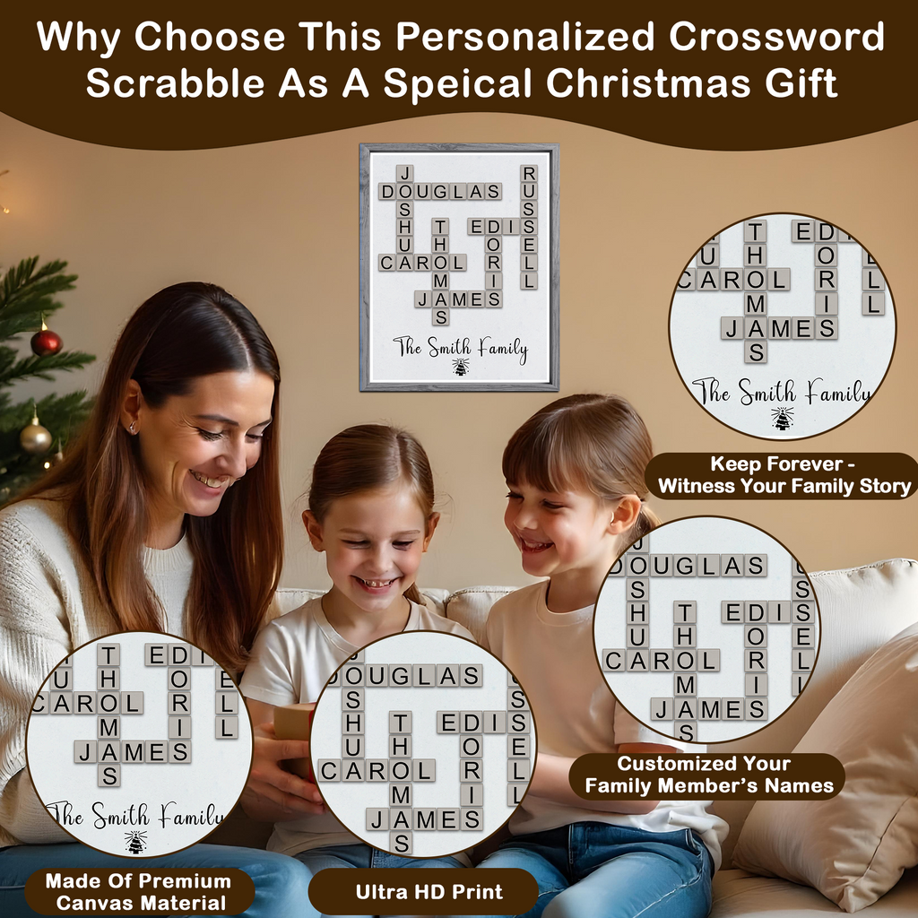 Individuell gestaltete Weihnachts-Scrabble-Leinwand mit Familiennamen – Personalisierte Weihnachtsgeschenke für Eltern, Großeltern, Familie, Mama, Papa, Oma, Opa, junge Familien, Großfamilien