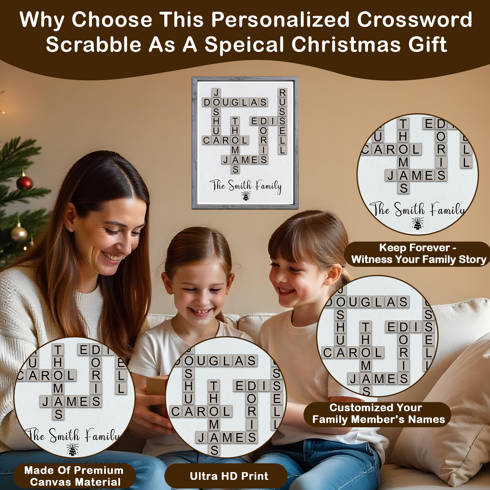 Individuell gestaltete Weihnachts-Scrabble-Leinwand mit Familiennamen – Personalisierte Weihnachtsgeschenke für Eltern, Großeltern, Familie, Mama, Papa, Oma, Opa, junge Familien, Großfamilien