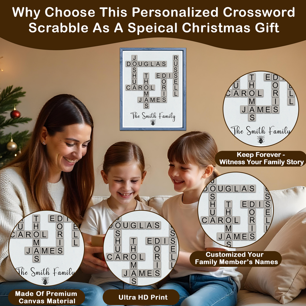 Personalisierte Weihnachtskreuzworträtsel-Leinwand mit Familiennamen – Individuelle Scrabble-Wandkunst für Familie, Eltern, Großeltern, Mama, Papa, Oma, Opa, junge Familie, Großfamilie