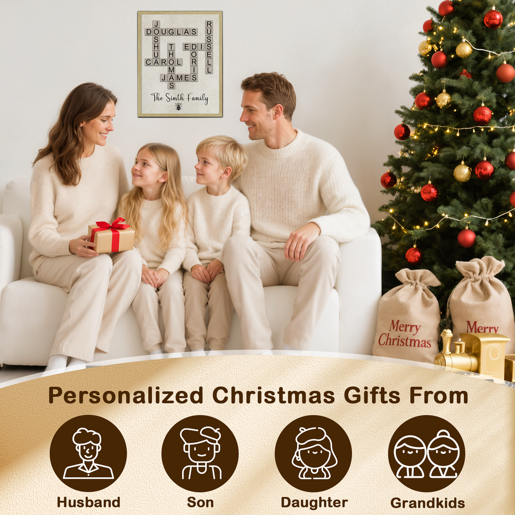 Impression personnalisée de mots croisés Scrabble de Noël, cadeaux de Noël personnalisés, cadeau de Noël avec nom de famille