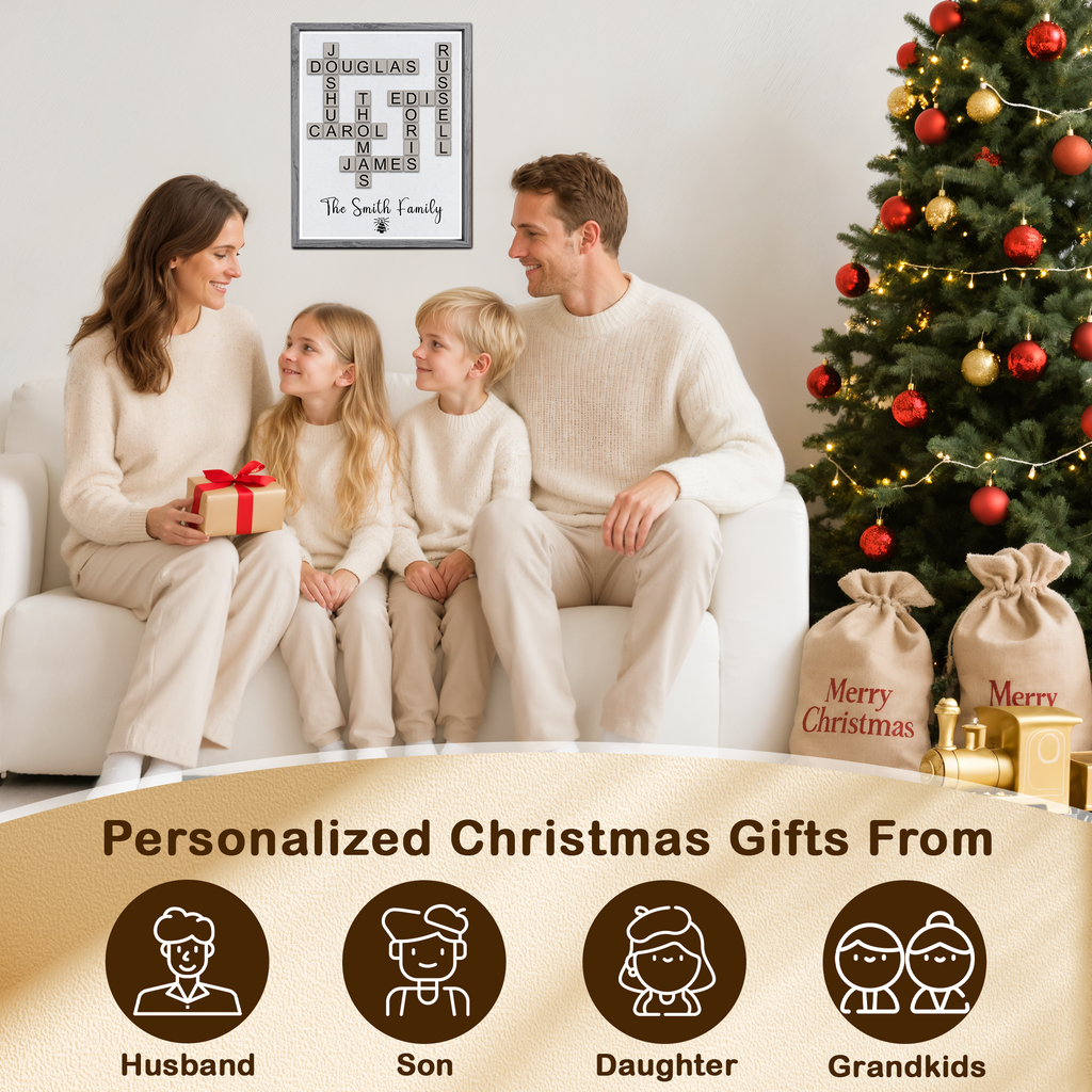 Individuell gestaltete Weihnachts-Scrabble-Leinwand mit Familiennamen – Personalisierte Weihnachtsgeschenke für Eltern, Großeltern, Familie, Mama, Papa, Oma, Opa, junge Familien, Großfamilien