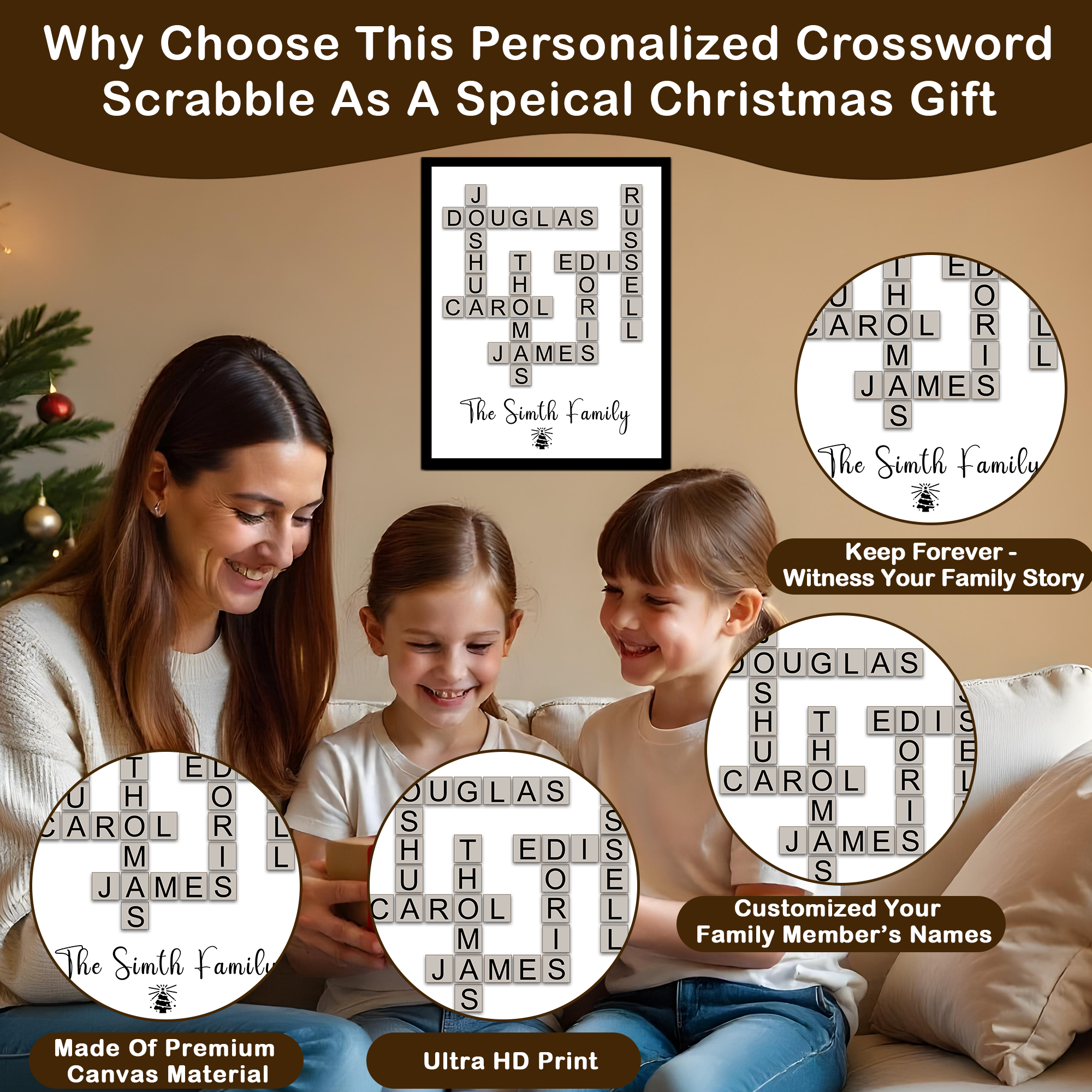 Personalized Crossword Canvas Prints, Custom Scrabble Wall Art Gift, Christmas Family Name Crossword Scrabble Gift