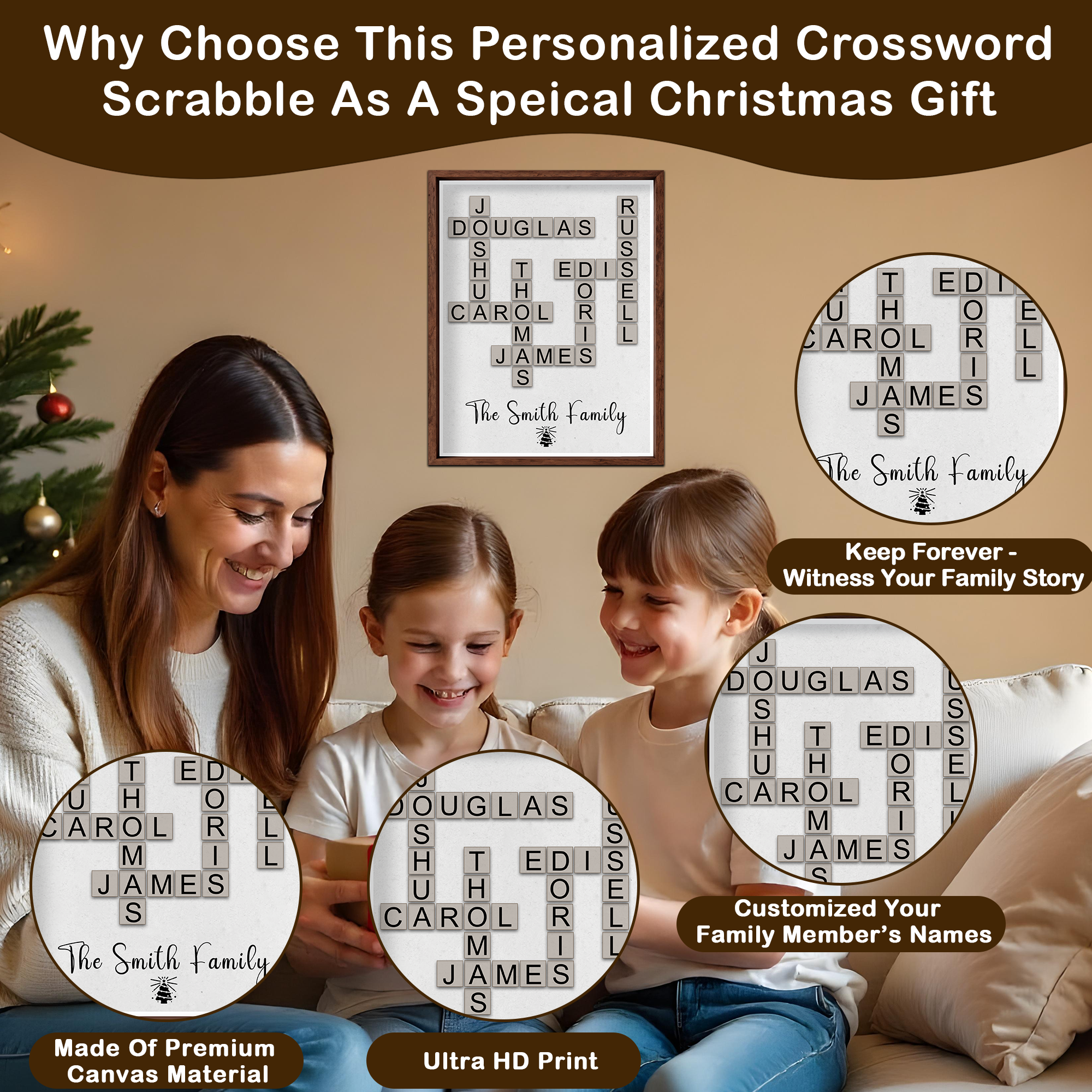 Christmas Crossword Scrabble Canvas Personalized, Custom Holiday Wall Art, Family Gift, Festive Home Decoration, Xmas Present