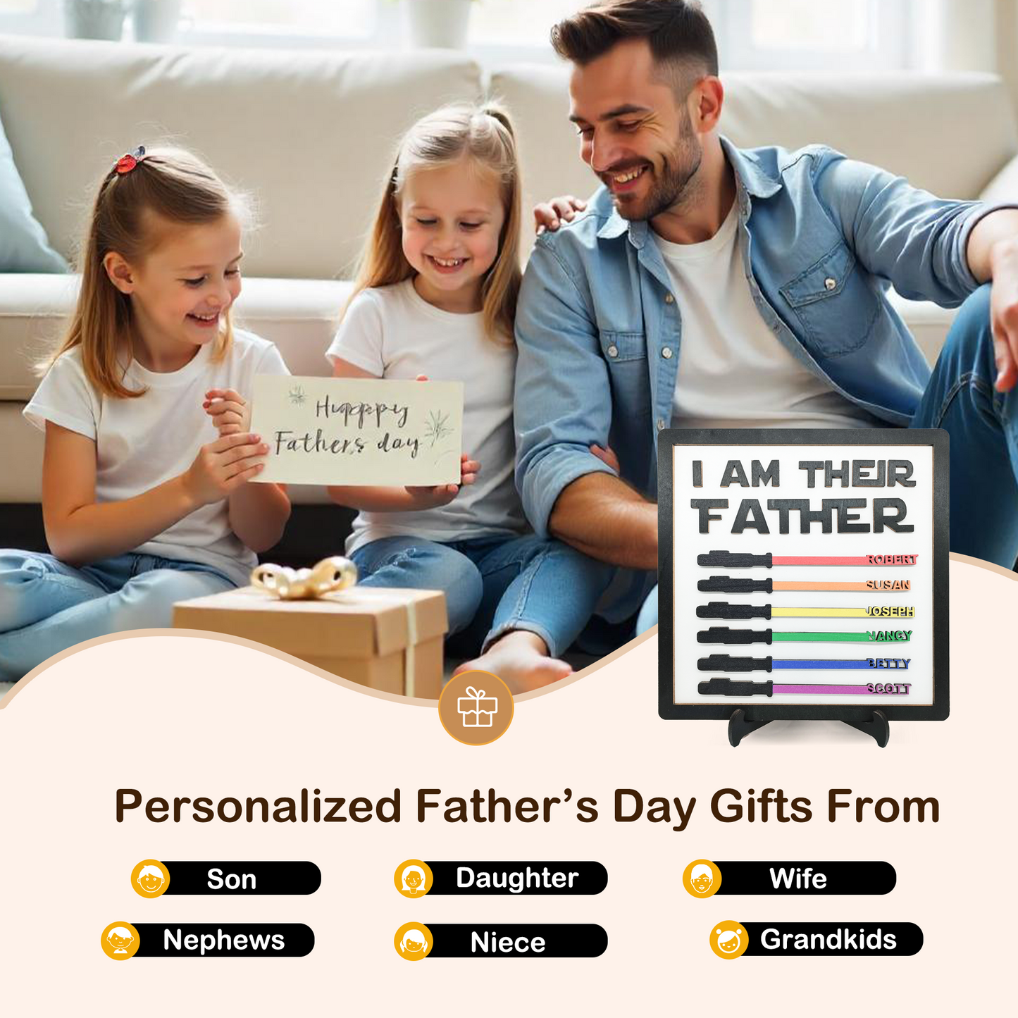 Personalized Custom Wooden Light Sabers Plaque Gifts with Your Kid's Names, Father's Day Birthday Christmas Gifts for Dad Grandpa from Son Daughter Grandkids Wife - Personalized Father's Day Gifts