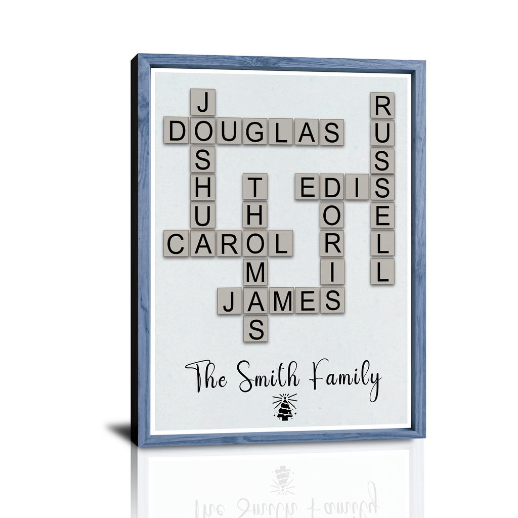 Personalisierte Weihnachtskreuzworträtsel-Leinwand mit Familiennamen – Individuelle Scrabble-Wandkunst für Familie, Eltern, Großeltern, Mama, Papa, Oma, Opa, junge Familie, Großfamilie