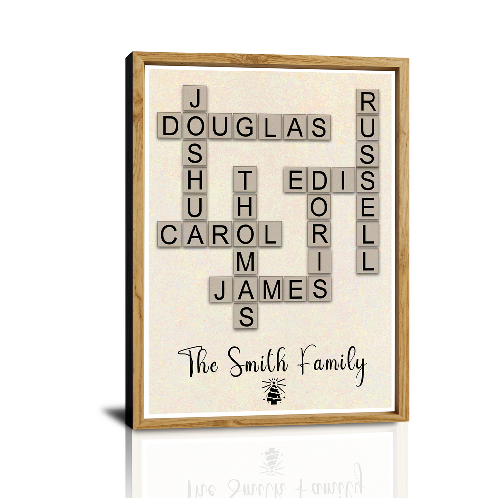 Individuell gestaltete Weihnachtskreuzworträtsel-Leinwand mit Familiennamen – Personalisierte Scrabble-Wandkunst für Familie, Eltern, Großeltern, Mama, Papa, Oma, Opa, junge Familie, Großfamilie