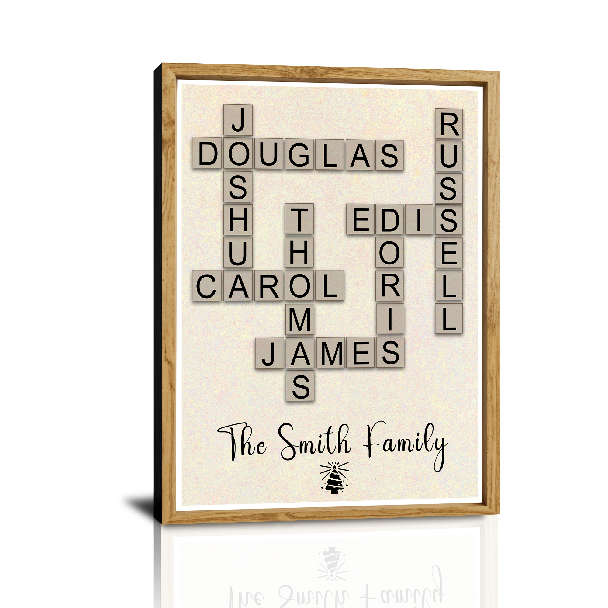 Individuell gestaltete Weihnachtskreuzworträtsel-Leinwand mit Familiennamen – Personalisierte Scrabble-Wandkunst für Familie, Eltern, Großeltern, Mama, Papa, Oma, Opa, junge Familie, Großfamilie